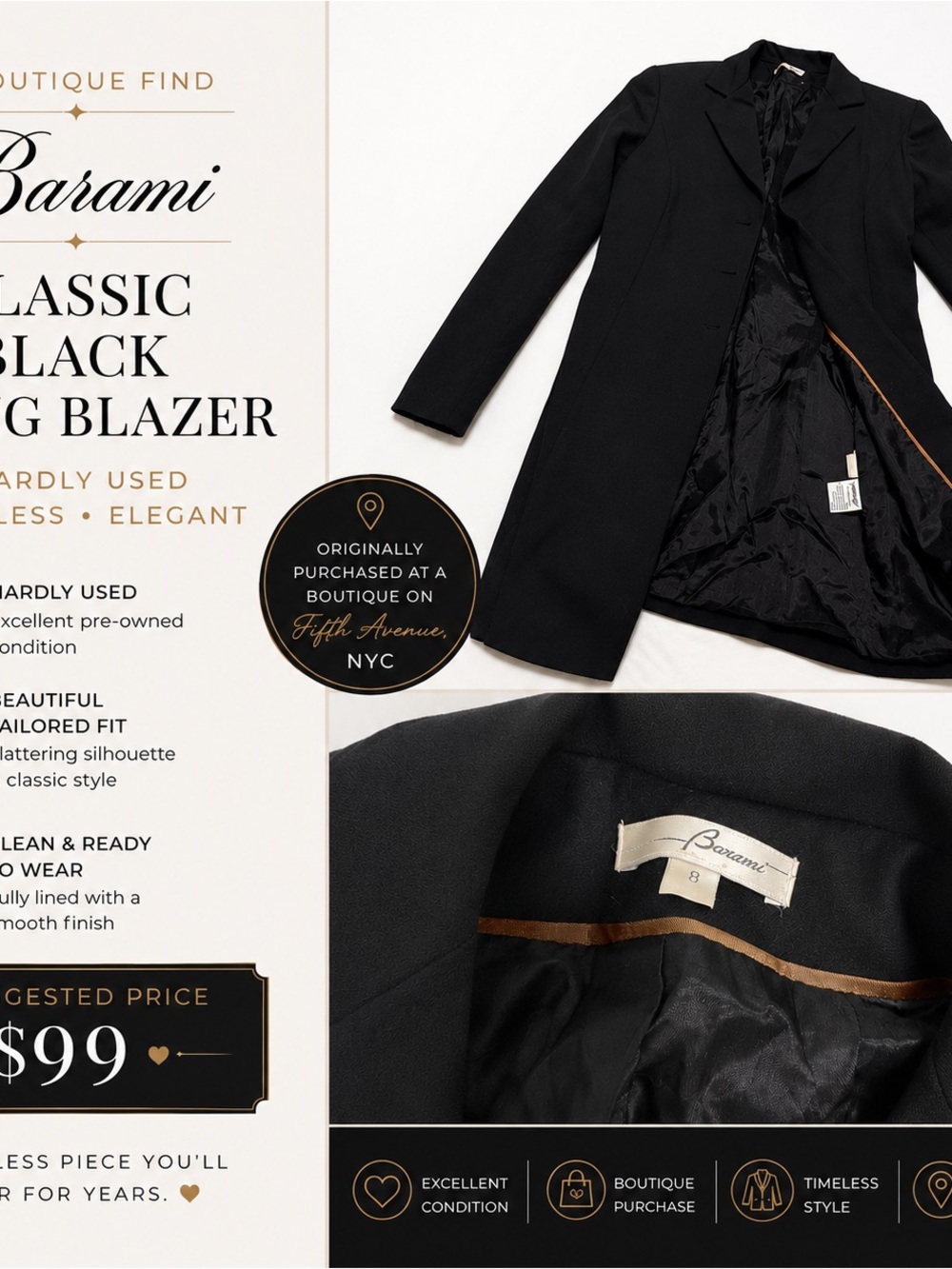 Barami Black Long Tailored Blazer Jacket